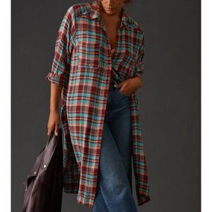 Anthropologie Pilcro Shirt Women's Large Plaid Tunic Long Duster Button Down